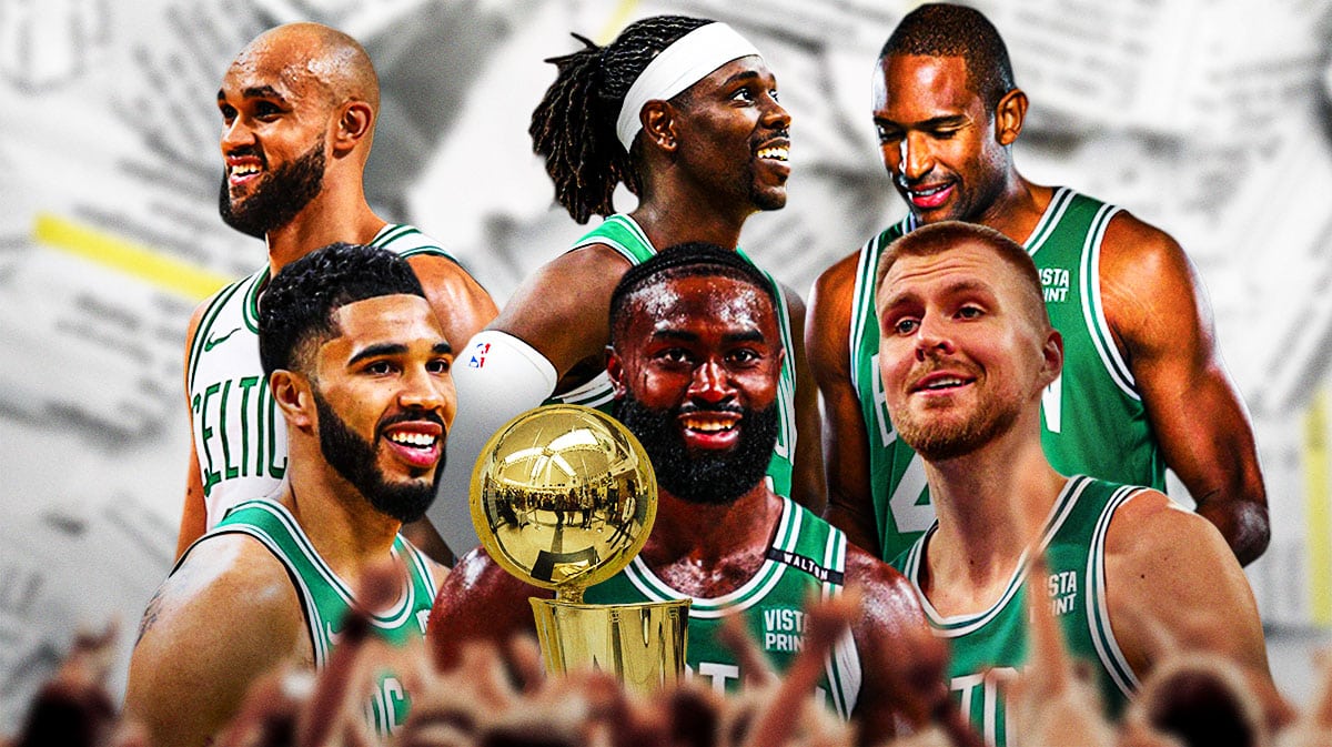 A newspaper as the background, Jayson Tatum, Jaylen Brown, Kristaps Porzingis, Derrick White, Jrue Holiday, and Al Horford with the Larry O'Brien trophy in the middle