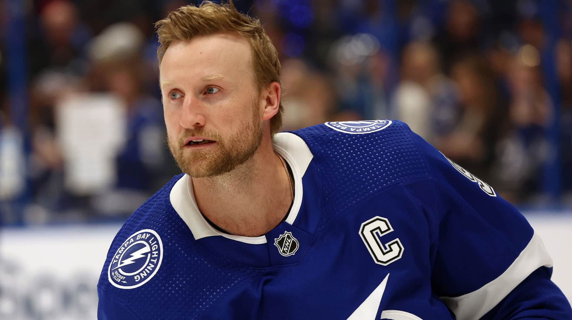 Tampa Bay Lightning center Steven Stamkos (91) warms up against the Florida Panthers in game four of the first round of the 2024 Stanley Cup Playoffs at Amalie Arena. 