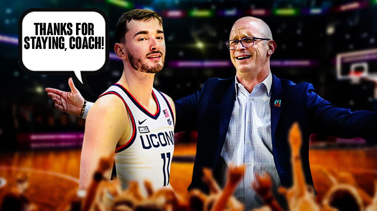 UConn Huskies forward Alex Karaban thanking coach Dan Hurley