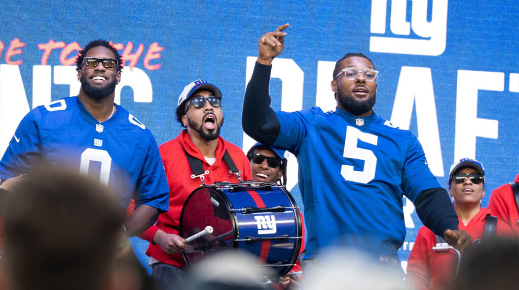 NY Giants #0 Brian Burns and #5 Kayvon Thibodeaux during the NY Giants and NY Jets draft party at MetLife Stadium.