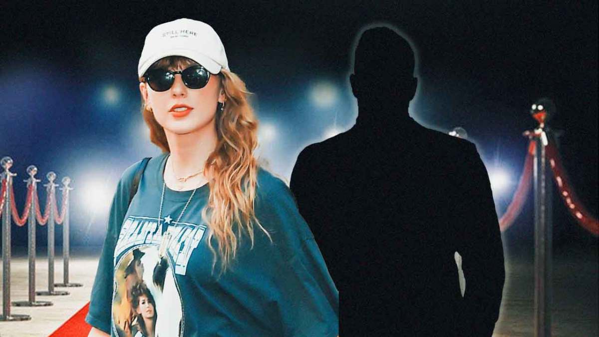 Taylor Swift standing next to a silhouette of a man with a red carpet behind her