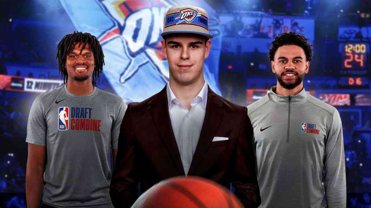 Nikola Topic, Dillon Jones, Ajay Mitchell beside each other, Oklahoma City Thunder wallpaper in the background