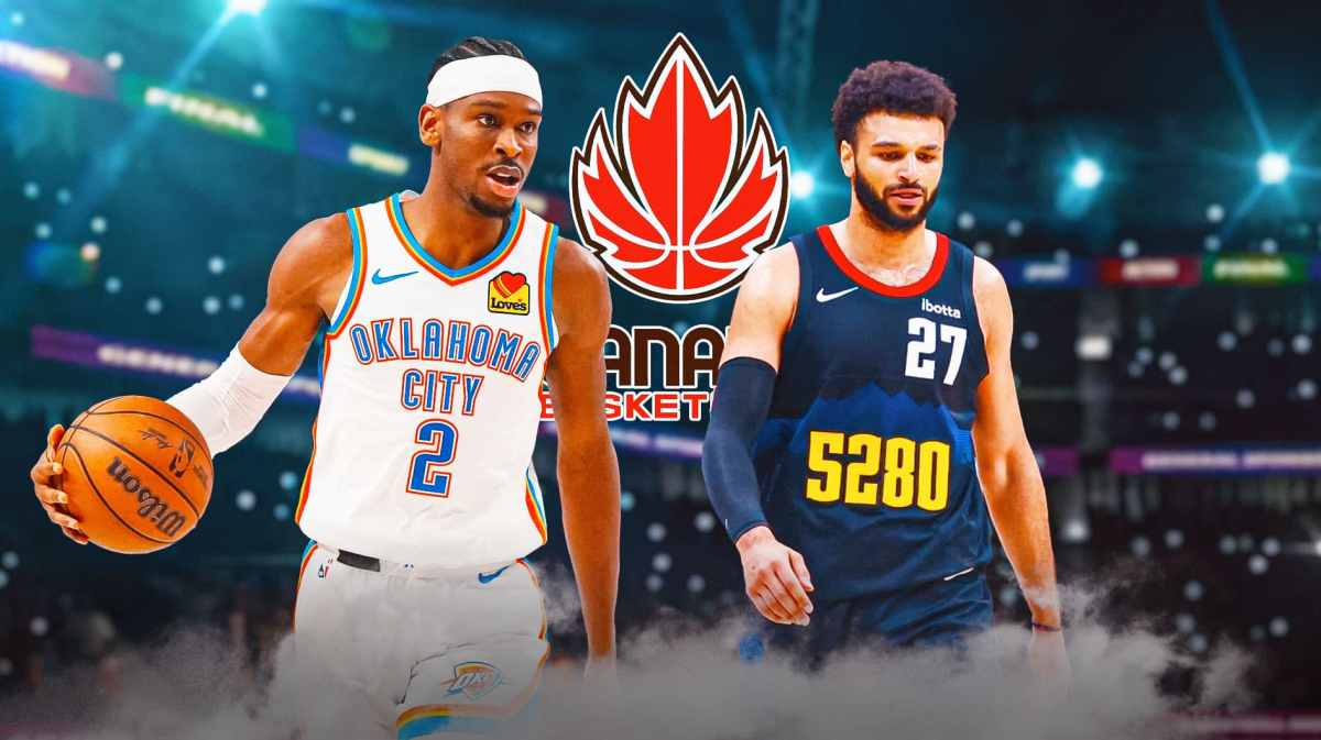 Thunder's Shai Gilgeous Alexander stands mext to Nuggets' Jamal Murray, Team Canada logo in background