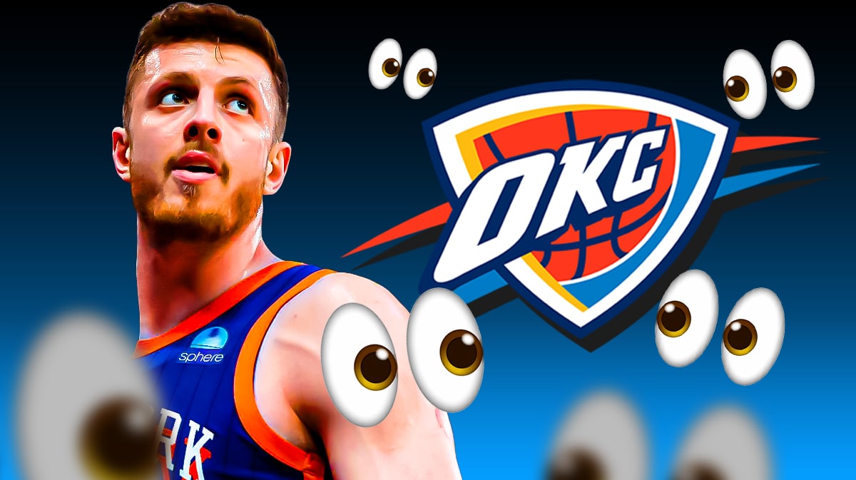 Isaiah Hartenstein with big eyeball emojis looking at the Thunder logo