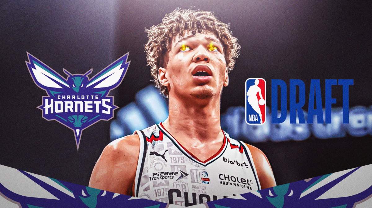Tidjane Salaun with fire in his eyes. Hornets and NBA draft logos in the background