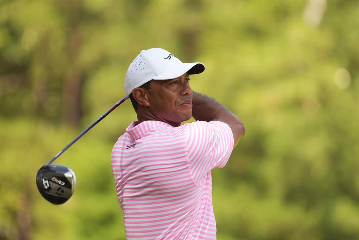 Tiger Woods plays his shot from the second tee box during the first round of the U.S. Open golf tournament.