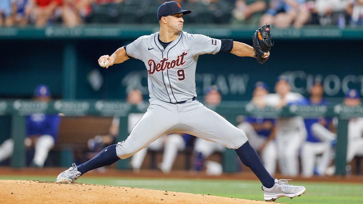 Detroit Tigers pitcher Jack Flaherty (9) throws during the first inning against the Texas Rangers at Globe Life Field. 