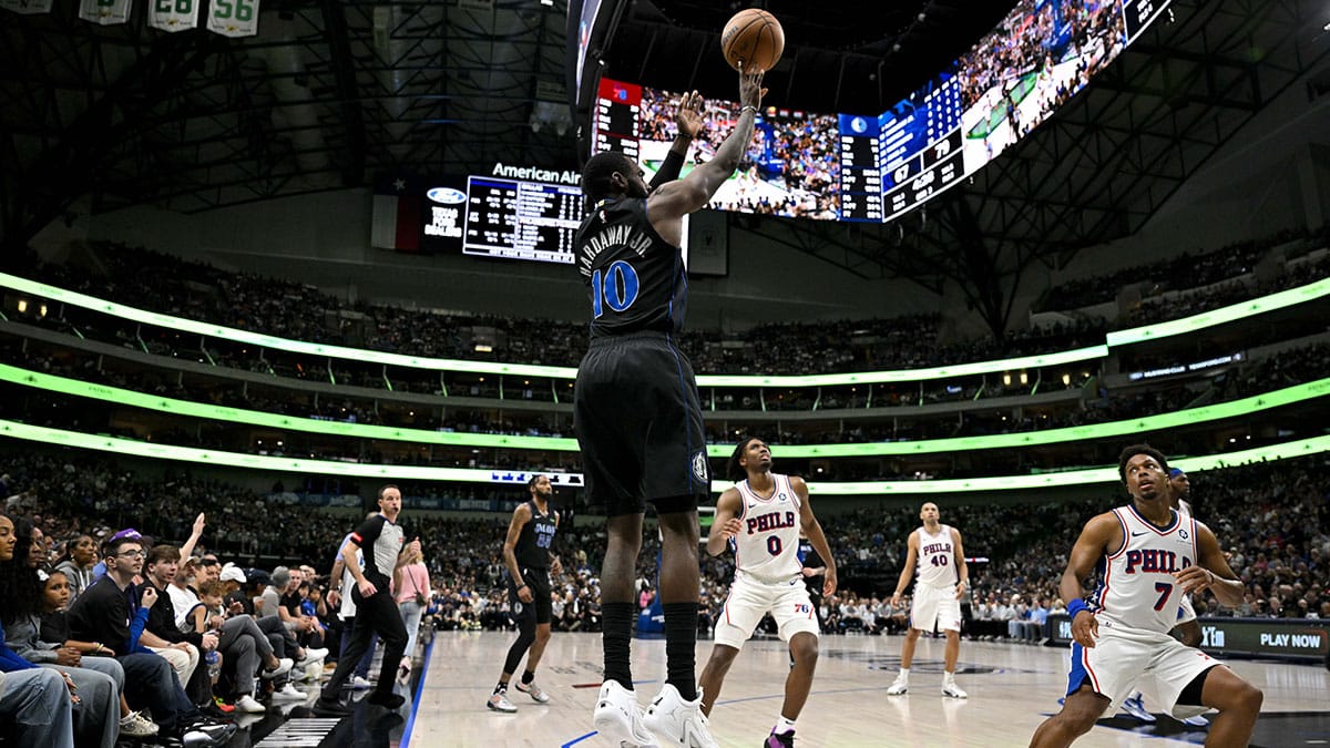 Dallas Mavericks forward Tim Hardaway Jr. (10) makes a jump shot against the Philadelphia 76ers during the second half at the American Airlines Center. 
