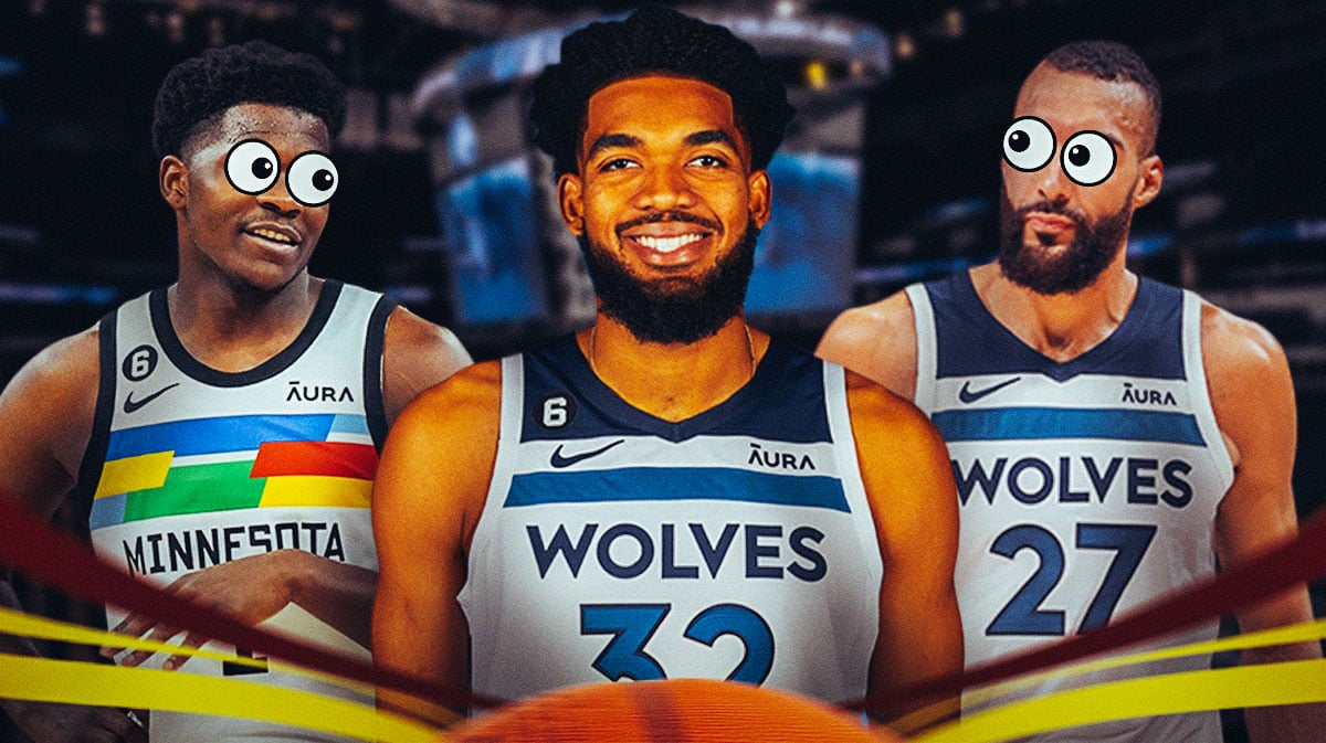 Anthony Edwards and Rudy Gobert with big eyeball emojis looking at Karl-Anthony Towns