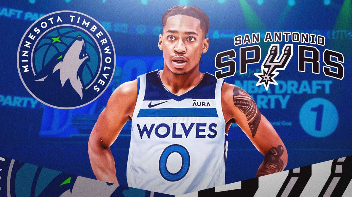 Rob Dillingham in a Timberwolves jersey with a Spurs logo on one side and a Timberwolves logo on the other. NBA draft background.