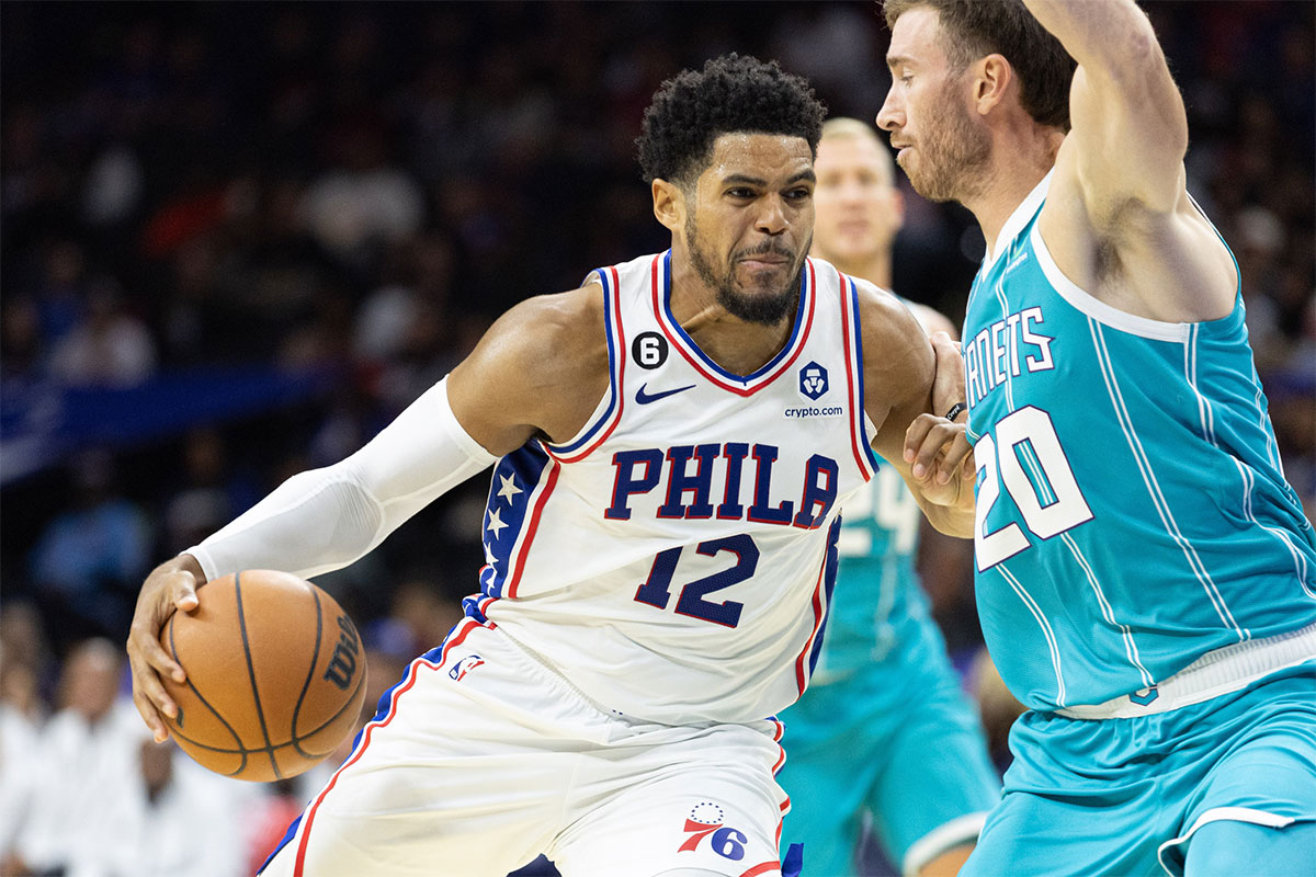 Philadelphia 76ers forward Tobias Harris (12) and Charlotte Hornets forward Gordon Hayward (20) during the third quarter at Wells Fargo Center.