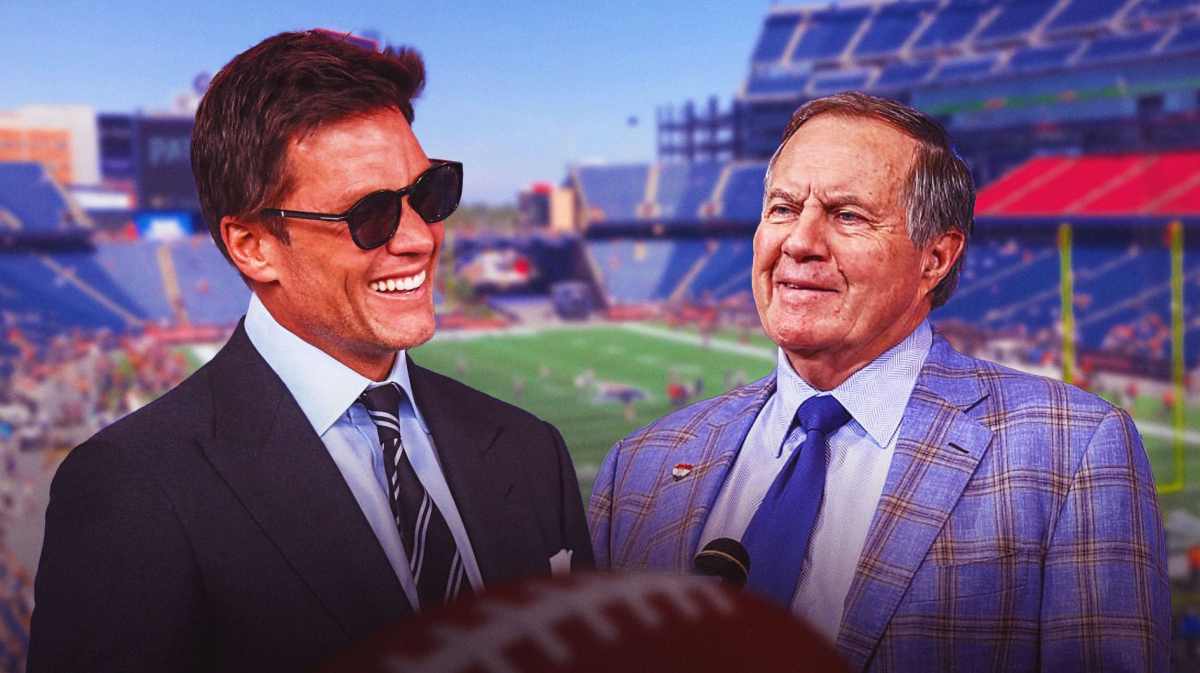 Tom Brady and Bill Belichick beside each other smiling.