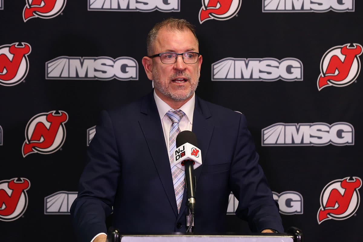New Jersey Devils executive vice president/general managerTom Fitzgerald, addresses the media about the contract extension of New Jersey Devils center Jack Hughes (86) before the start of the game against the San Jose Sharks at Prudential Center.