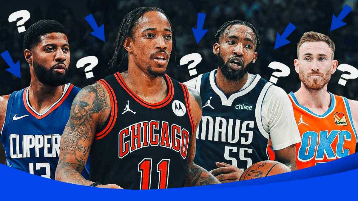 Paul George, DeMar DeRozan, Derrick Jones Jr., Gordan Hayward all together with NBA logo as background. Question marks and arrows point every which way all around the graphic.