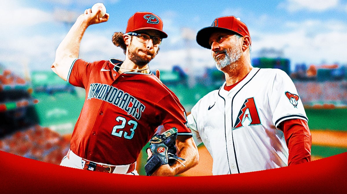 Arizona Diamondbacks star Zac Gallen and manager Torey Lovullo in front of Chase Field.