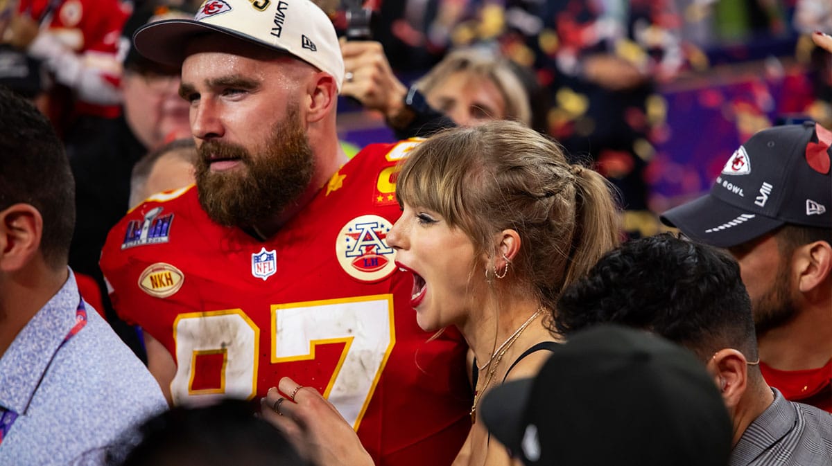 Kansas City Chiefs tight end Travis Kelce (87) celebrates with girlfriend Taylor Swift after defeating the San Francisco 49ers in Super Bowl LVIII at Allegiant Stadium. 