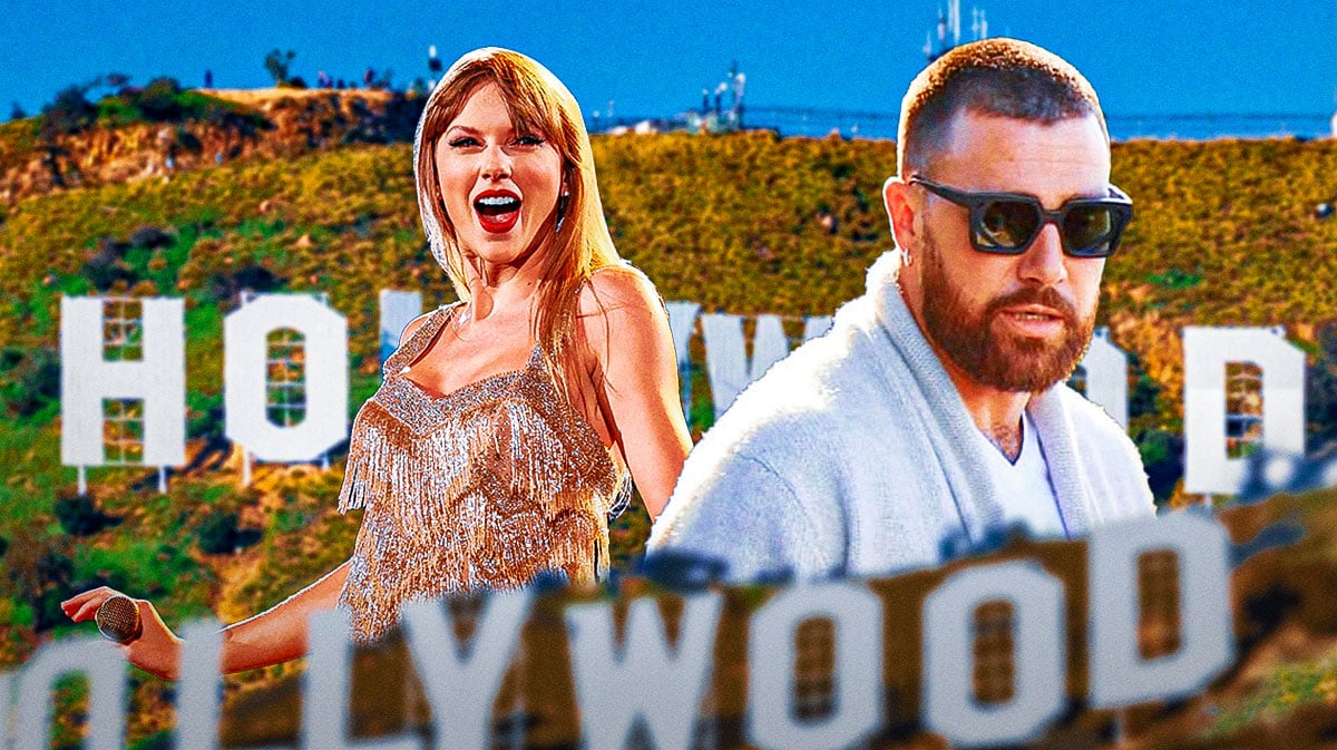 Taylor Swift and Kansas City Chiefs tight end Travis Kelce with Hollywood sign in background.