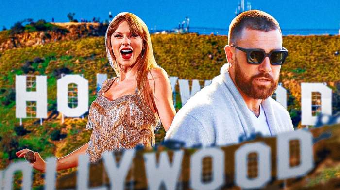 Taylor Swift and Kansas City Chiefs tight end Travis Kelce with Hollywood sign in background.
