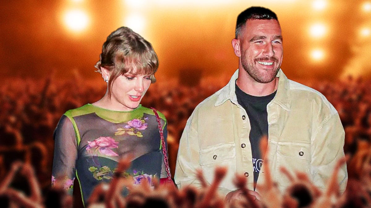 Taylor Swift who is on the Eras tour currently and Travis Kelce with concert background.