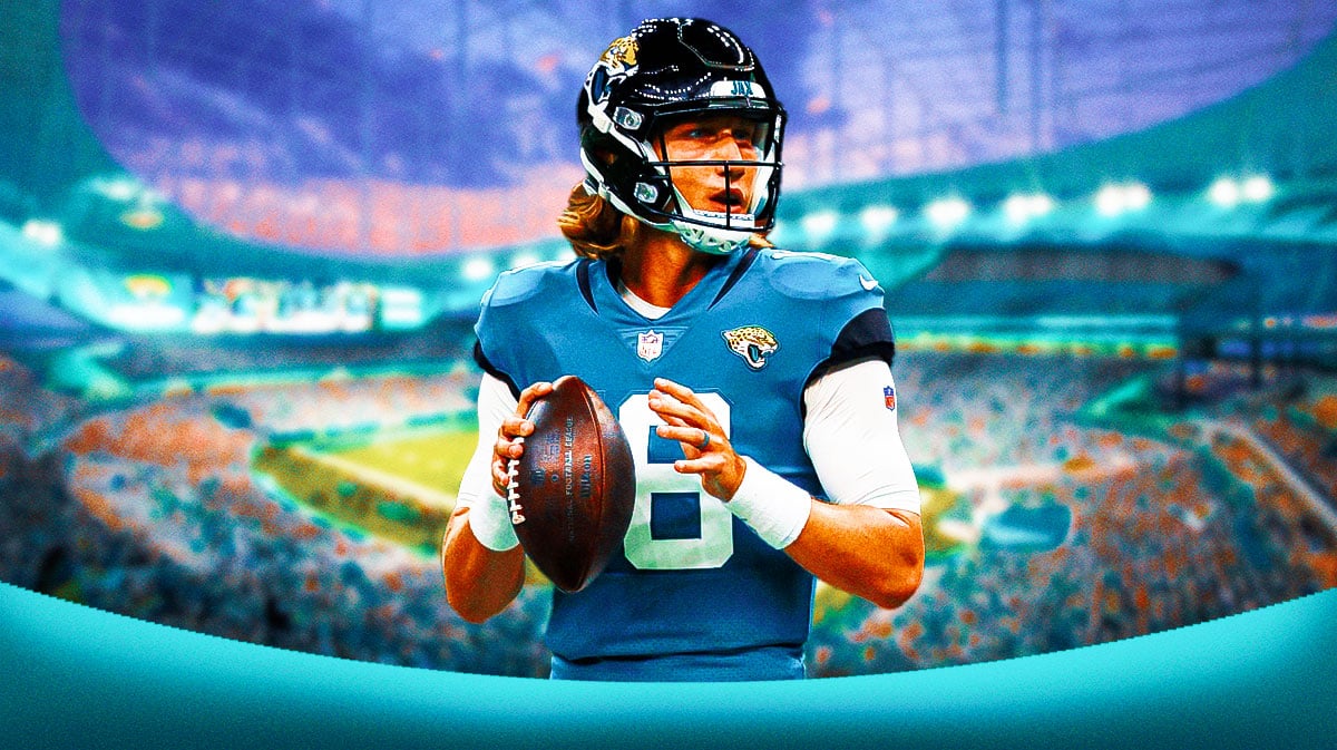 Jacksonville Jaguars star Trevor Lawrence in front of EverBank Stadium.