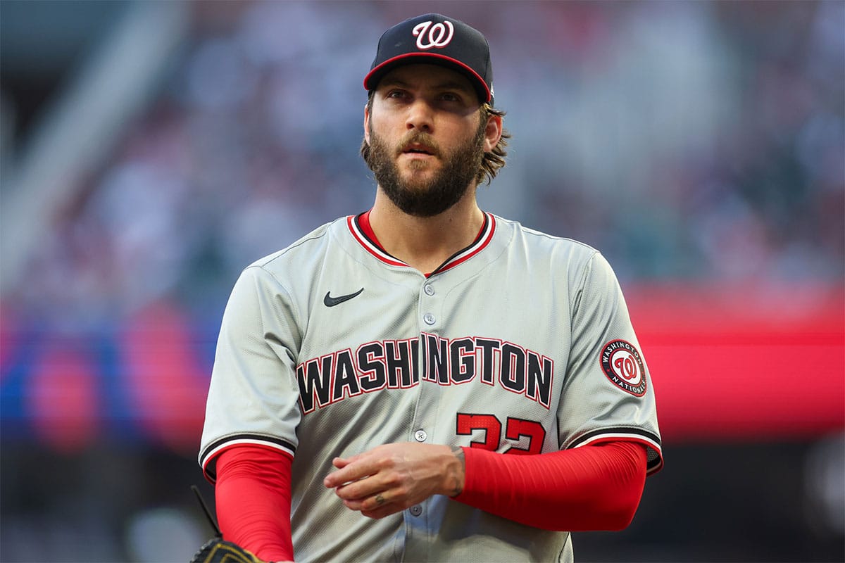 Washington Nationals starting pitcher Trevor Williams (32) walks off the field against the Atlanta Braves in the third inning at Truist Park.