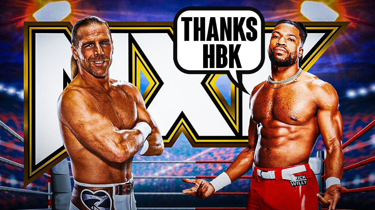 Trick Williams with a text bubble reading "Thanks HBK" next to Shawn Michaels with the NXT logo as the background.