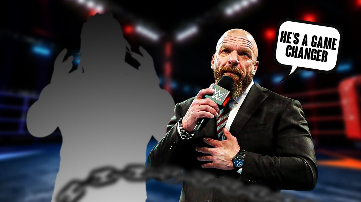 Triple H with a text bubble reading "He's a game changer" next to the blacked-out silhouette of Jacob Fatu in a WWE ring.