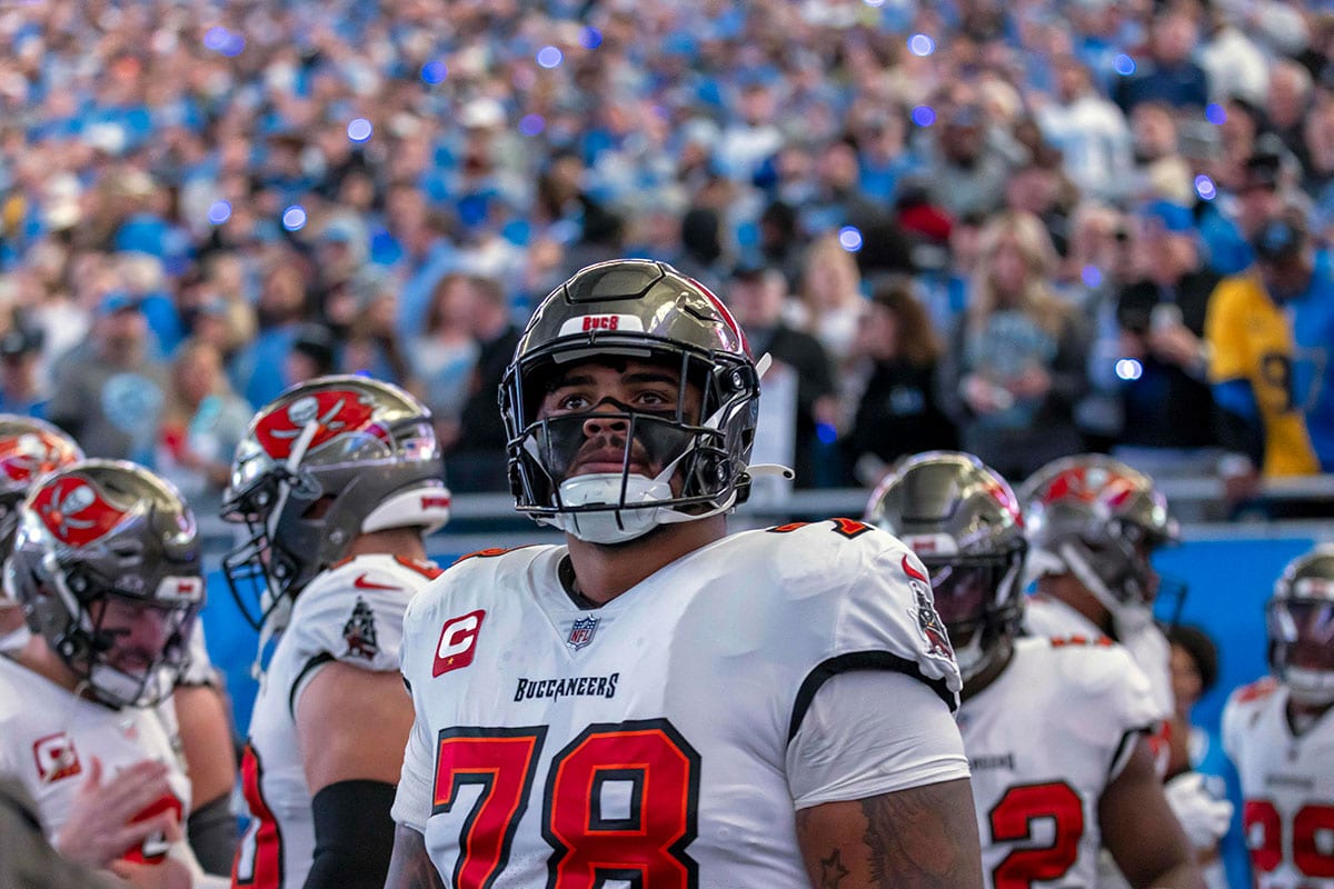 Tampa Bay Buccaneers offensive tackle Tristan Wirfs (78) looks on before a 2024 NFC divisional round game against the Detroit Lions at Ford Field.