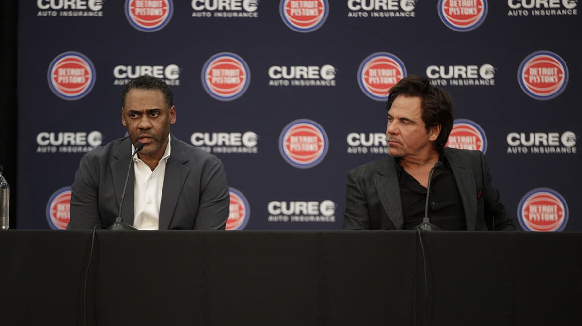 Troy Weaver general manager of the Detroit Pistons addresses the media beside owner Tom Gores during the press conference at Henry Ford Detroit Pistons Performance Center.