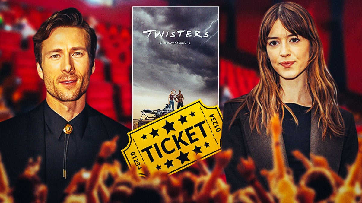 Twisters poster and movie theater box office ticket and background with Glen Powell and Daisy Edgar-Jones.