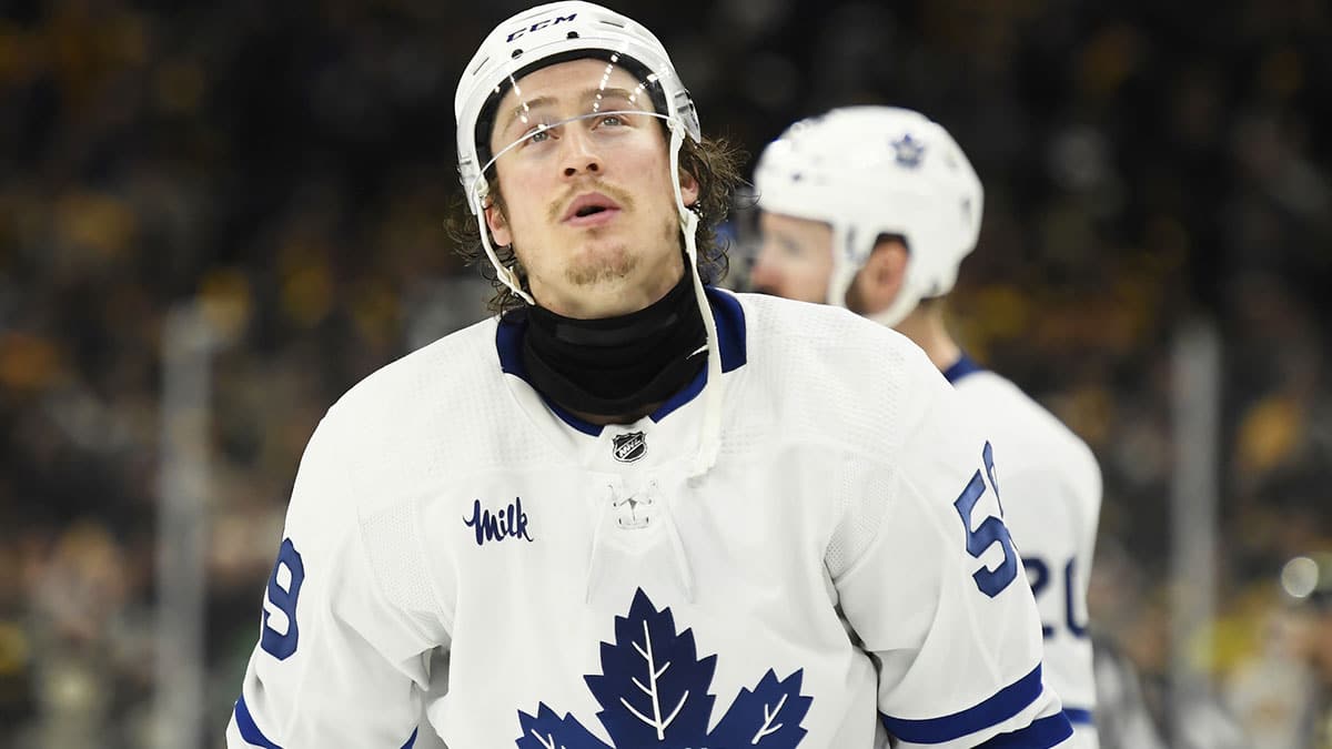 Toronto Maple Leafs left wing Tyler Bertuzzi (59) reacts after losing to the Boston Bruins in overtime in game seven of the first round of the 2024 Stanley Cup Playoffs at TD Garden.