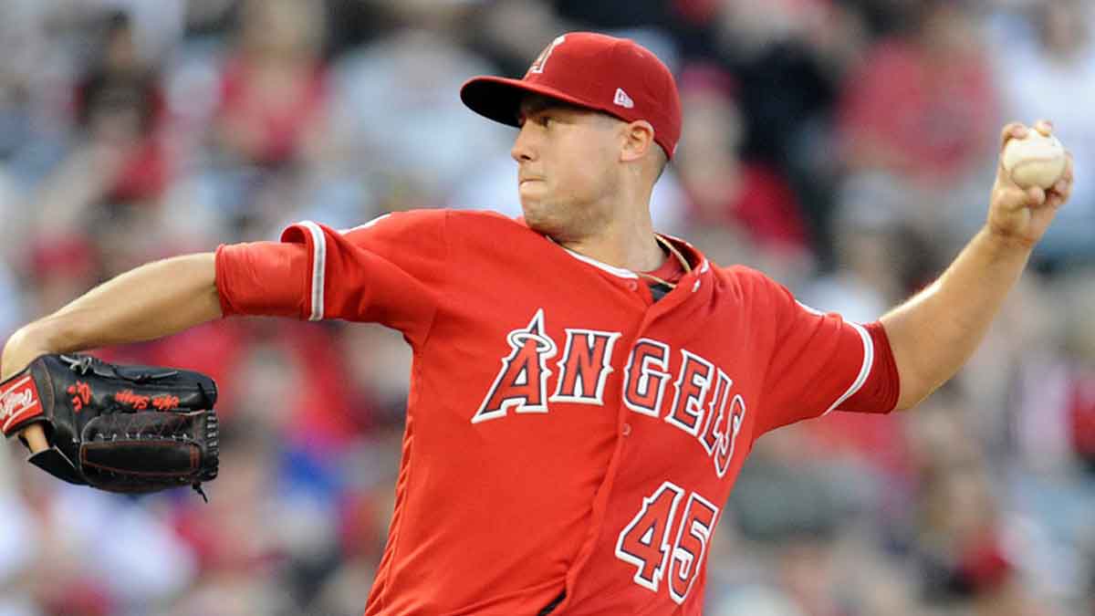 April 22, 2017; Anaheim, CA, USA; Los Angeles Angels starting pitcher Tyler Skaggs (45) throws in the first inning against the Toronto Blue Jays at Angel Stadium of Anaheim.
