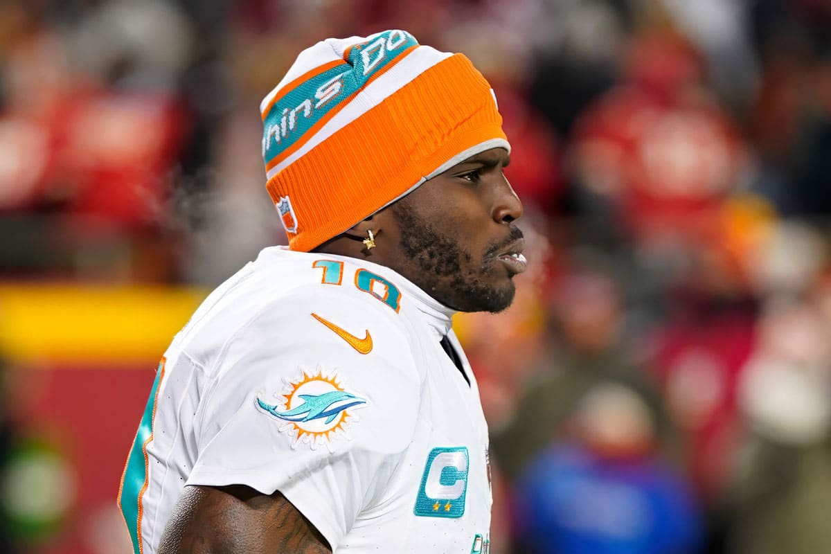 Miami Dolphins wide receiver Tyreek Hill (10) takes the field prior to a 2024 AFC wild card game against the Kansas City Chiefs at GEHA Field at Arrowhead Stadium.