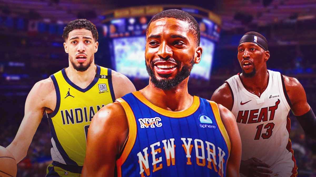 Knicks Mikal Bridges with Pacers Tyrese Haliburton and Bam Adebayo