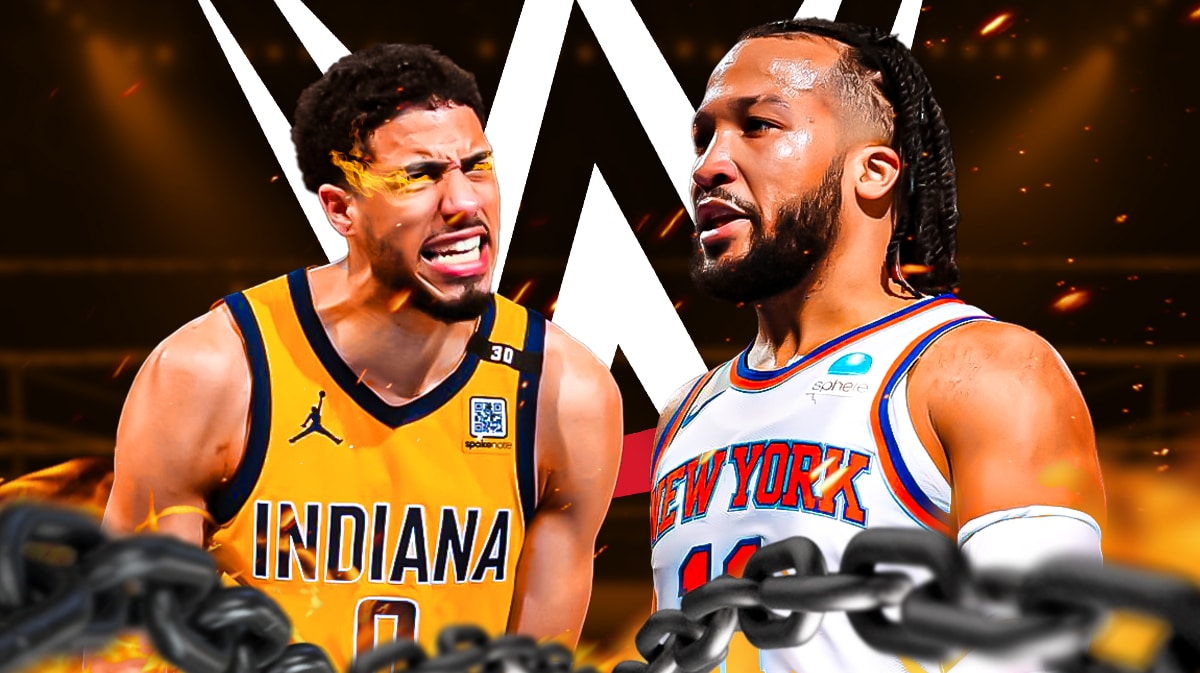 Tyrese Haliburton looking at Jalen Brunson with fire in their eyes with the WWE logo as the background.