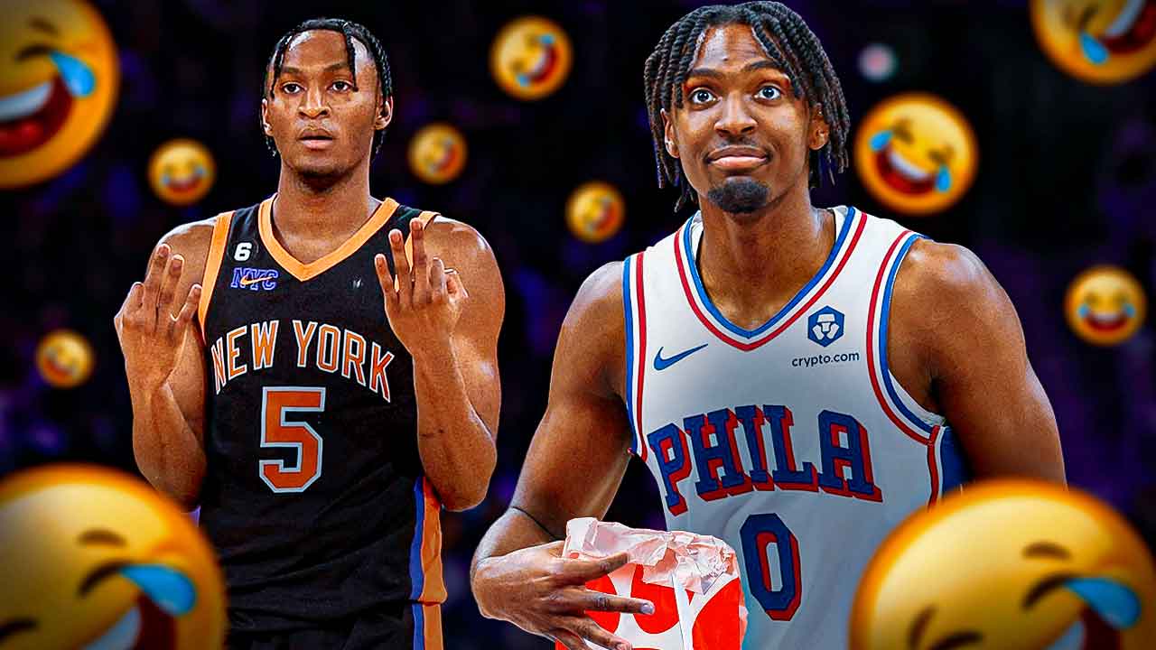 76ers’ Tyrese Maxey using a bag of Chick-Fil-A to ask for money from Raptors’ Immanuel Quickley, with rofl emojis all over Maxey