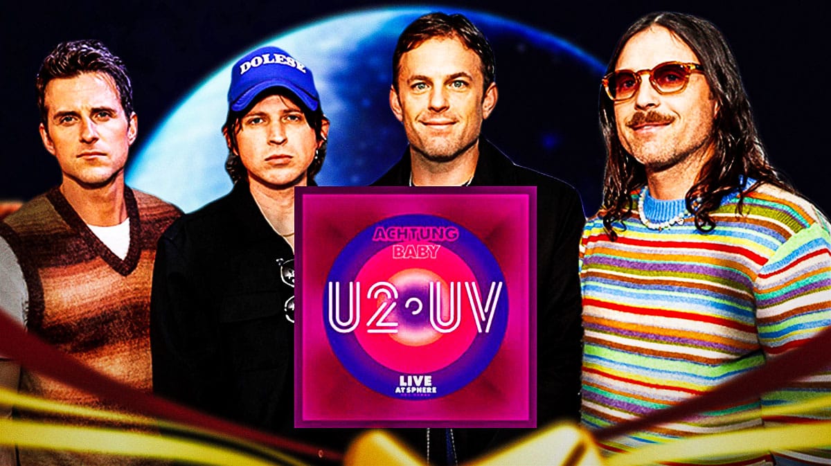 U2:UV logo with Sphere background and Kings of Leon members Caleb Followill, Jared Followill, Nathan Followill, and Matthew Followill.