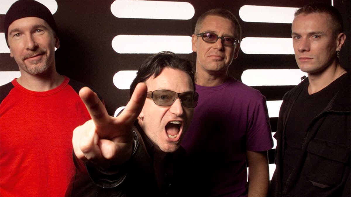U2 members The Edge, Bono, Adam Clayton, and Larry Mullen Jr. in 2000.