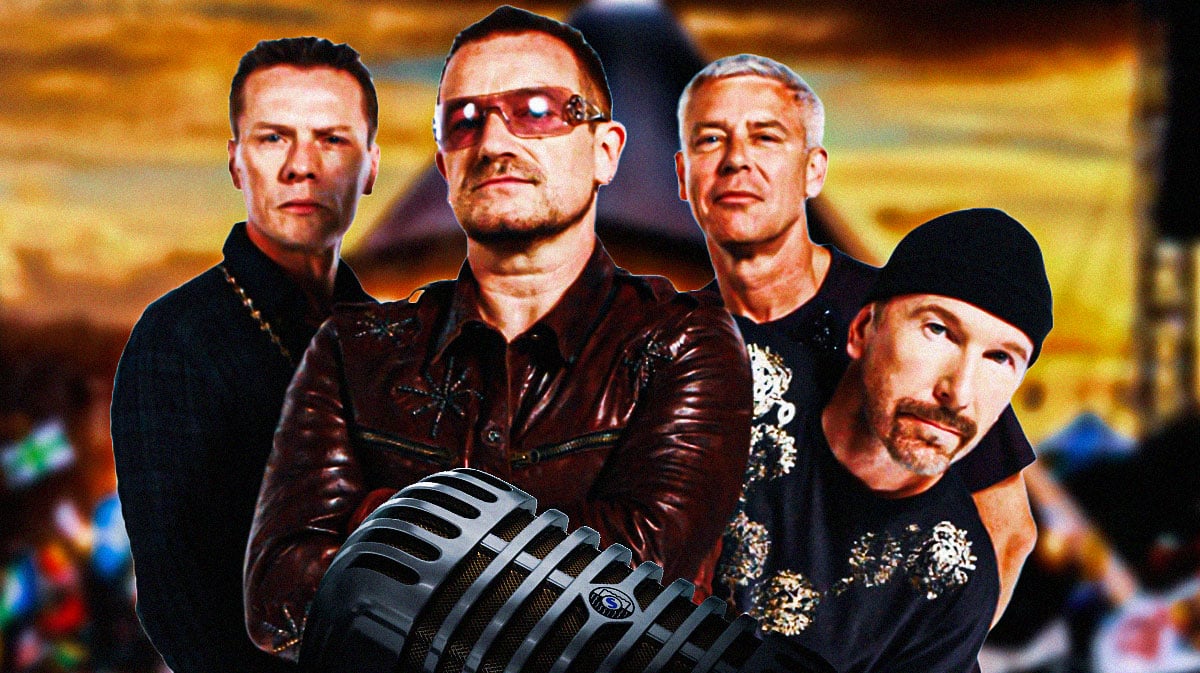 U2 members Larry Mullen Jr., Bono, Adam Clayton, and The Edge with Glastonbury festival background.