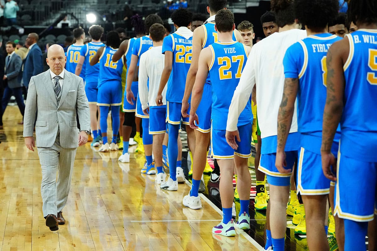 UCLA Bruins head coach Mick Cronin walks off the court after the Oregon Ducks defeated the Bruins 68-66 at T-Mobile Arena.