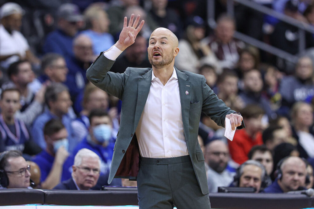 Connecticut Huskies assistant coach Luke Murray reacts during the first half against the Seton Hall Pirates at Prudential Center. 