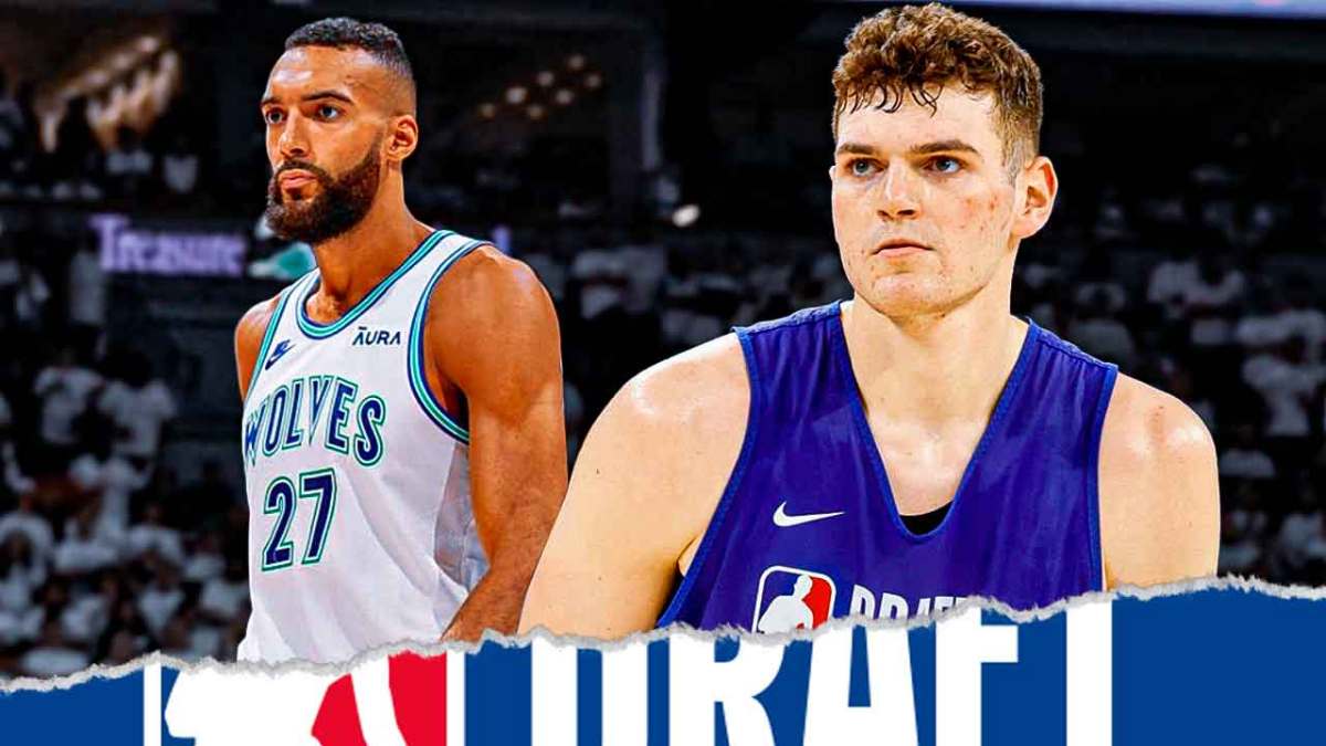 Donovan Clingan alongside Rudy Gobert with the NBA Draft logo
