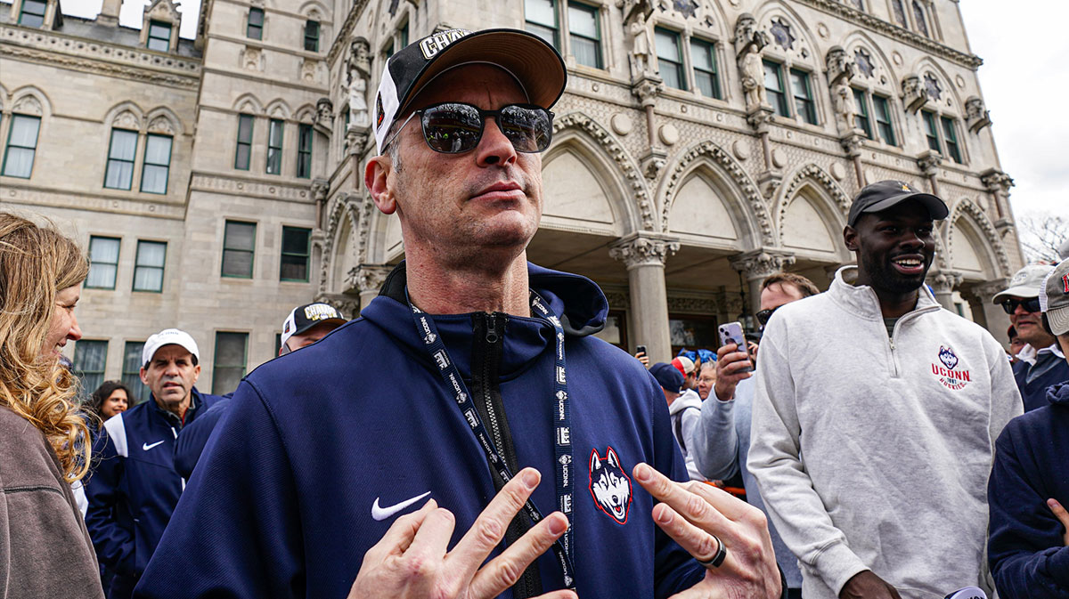 UConn Huskies head coach Dan Hurley and his players leave the State Capitol to start the teams NCAA Mens Basketball Championship victory parade.