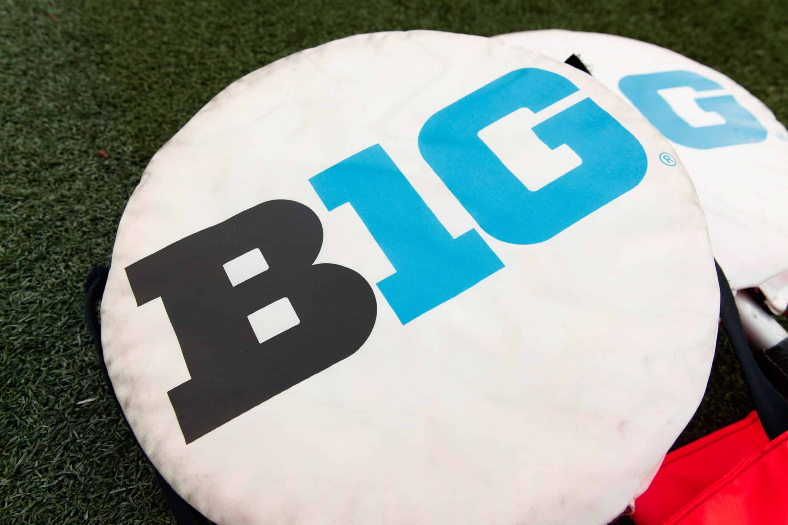 Sep 4, 2021; Madison, Wisconsin, USA; The Big 10 logo atop yardage markers on the sidelines prior to the game between the Penn State Nittany Lions and Wisconsin Badgers at Camp Randall Stadium.