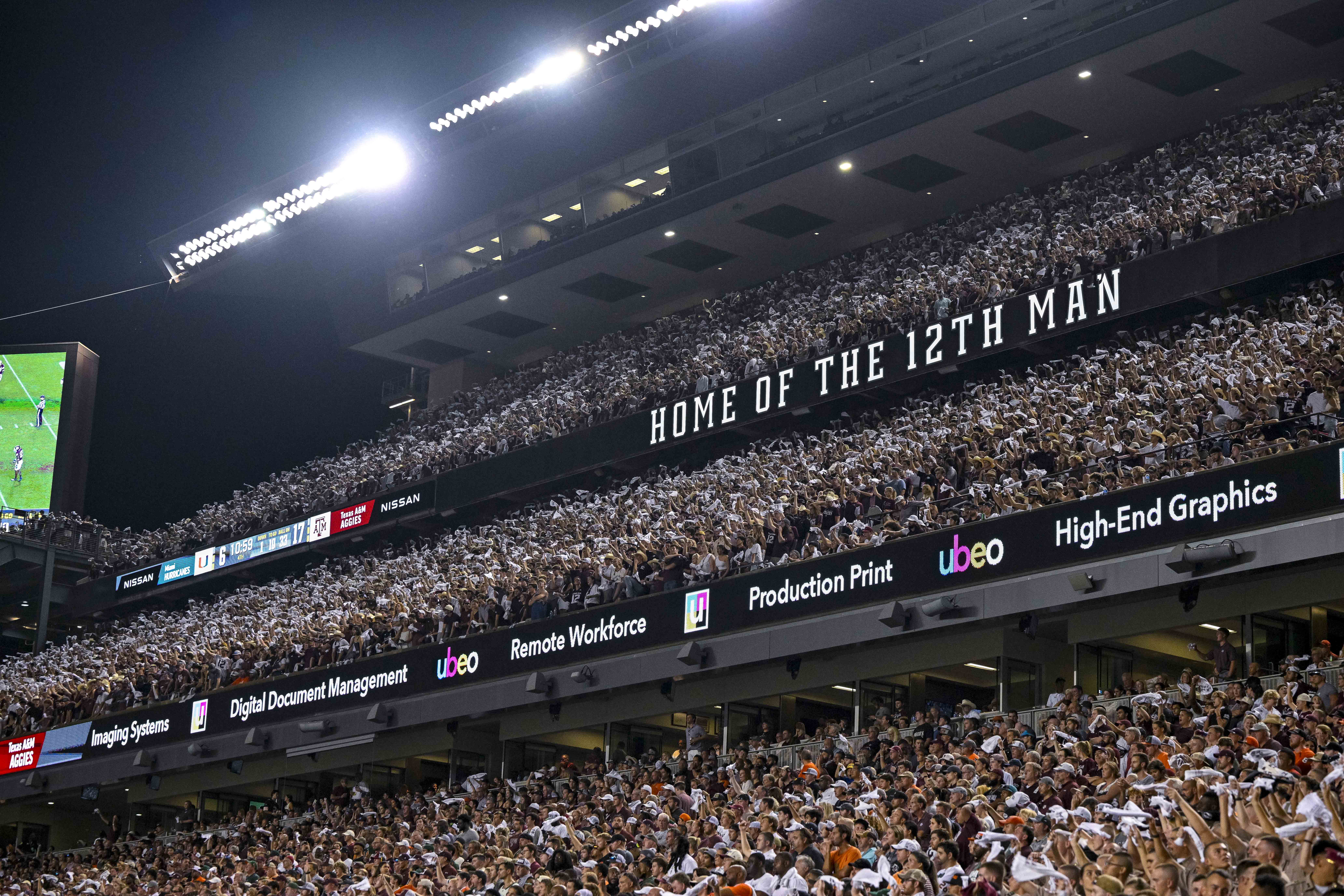 Sep 17, 2022; College Station, Texas, USA; A view of the fans and the stands and the 12th Man logo during the second half of the game between the Texas A&M Aggies and the Miami Hurricanes at Kyle Field. 