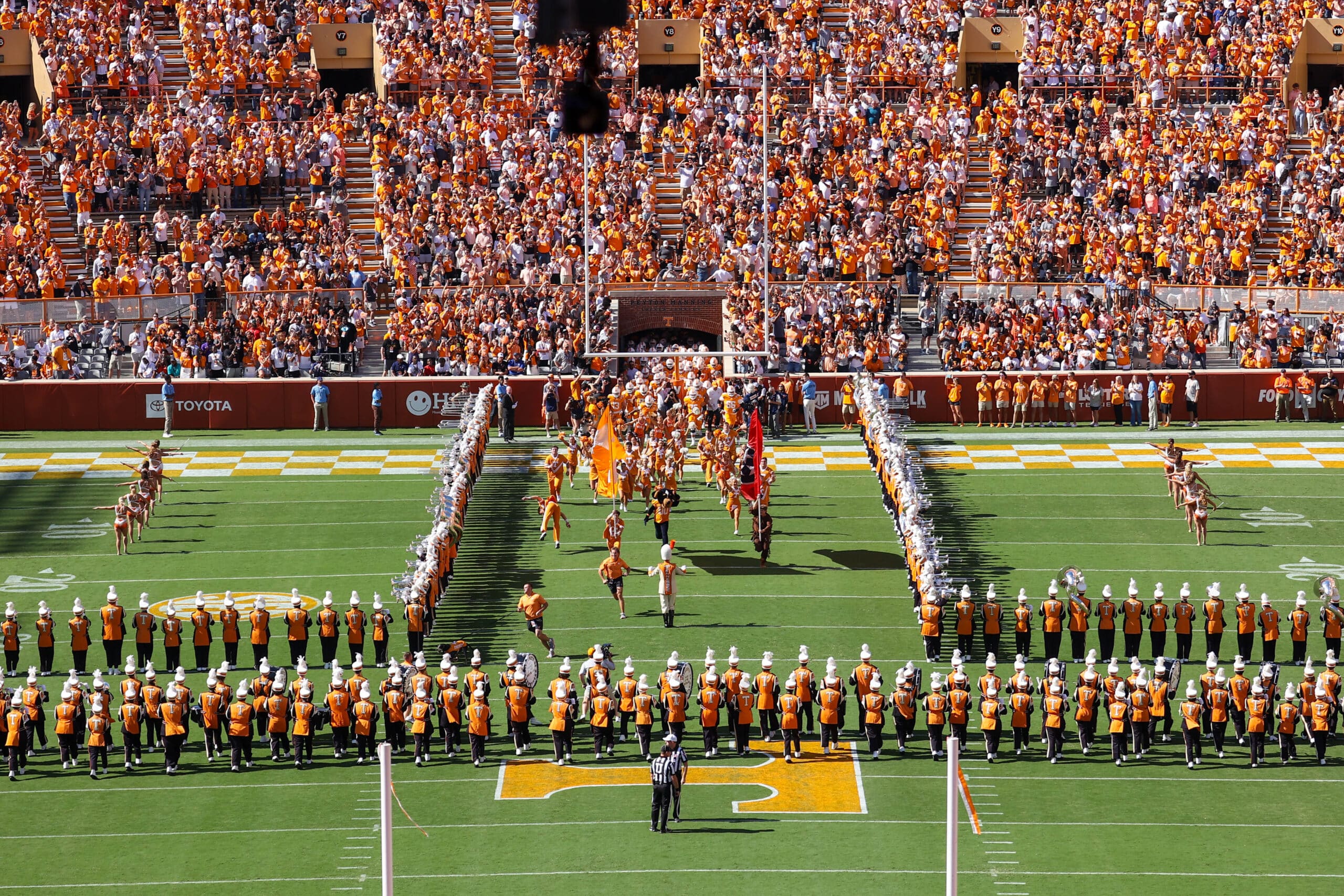 Sep 23, 2023; Knoxville, Tennessee, USA; The Tennessee Volunteers run through the T before the game against the UTSA Roadrunners at Neyland Stadium. 