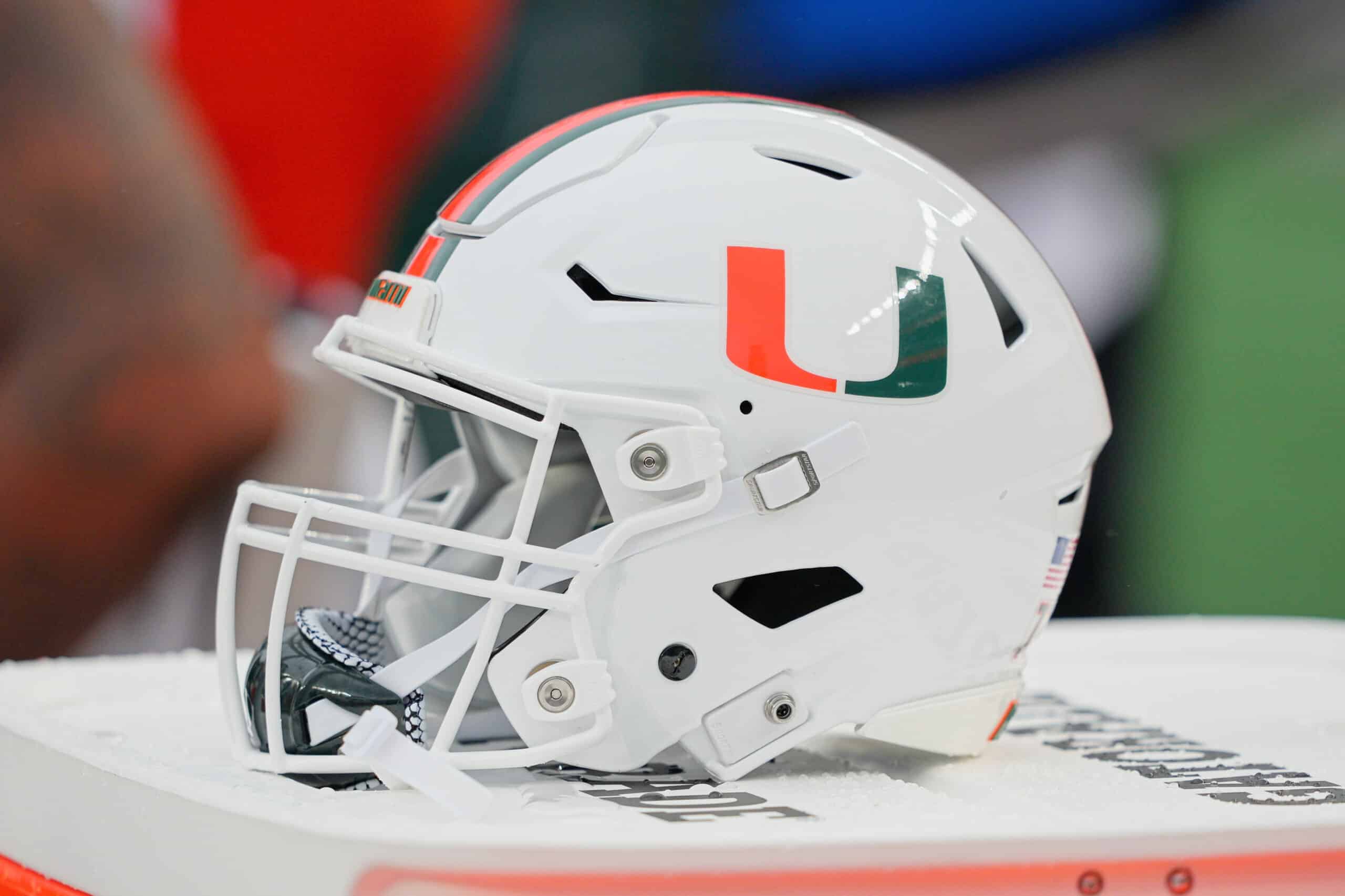 Sep 23, 2023; Philadelphia, Pennsylvania, USA; Miami Hurricanes helmet sits on a cooler in the second half against the Temple Owls at Lincoln Financial Field.