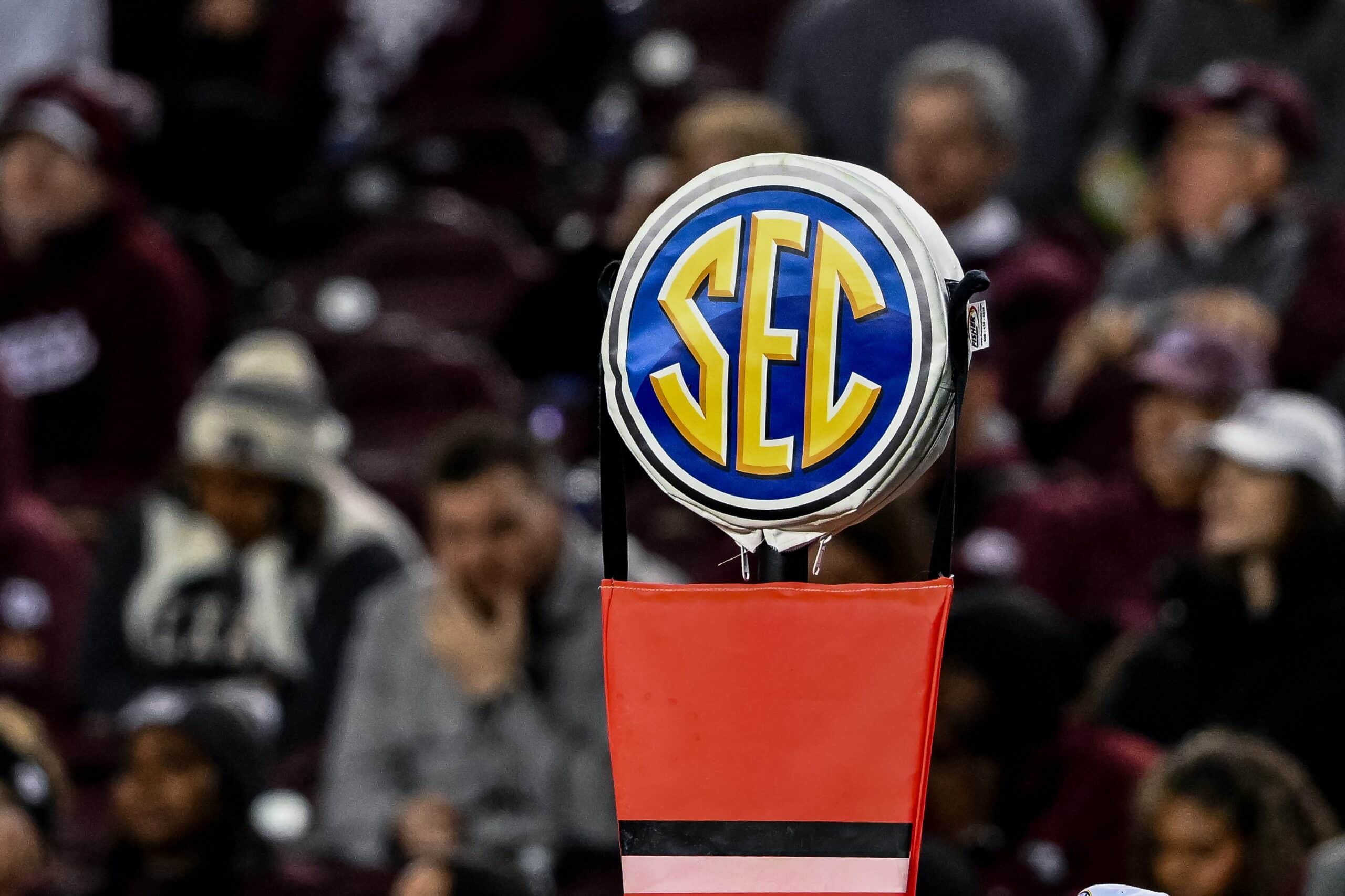 Nov 11, 2023; College Station, Texas, USA; A detailed view of the SEC logo on a chain marker during the game between the Texas A&M Aggies and the Mississippi State Bulldogs at Kyle Field.