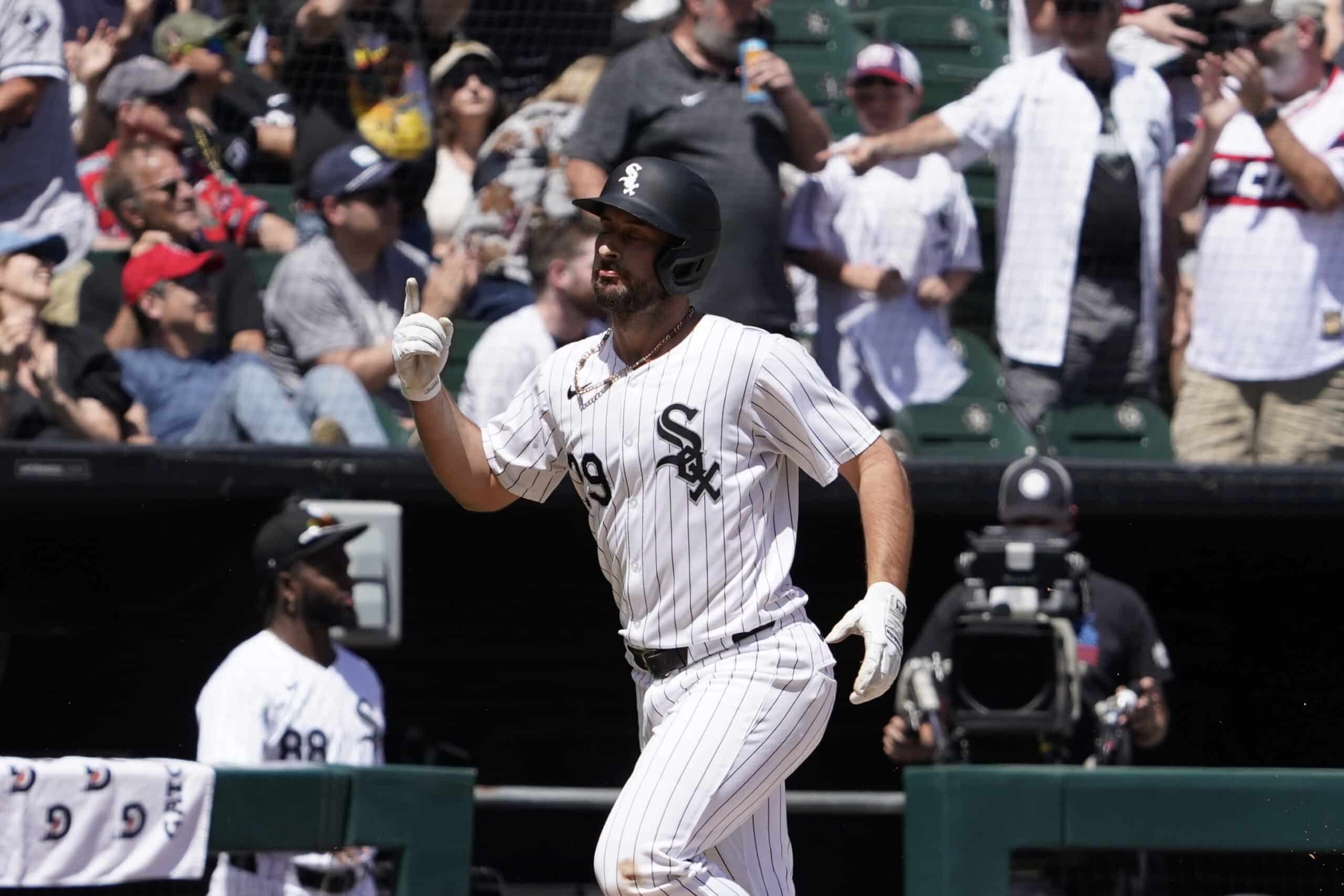 Jun 9, 2024; Chicago, Illinois, USA; Chicago White Sox shortstop Paul DeJong (29) runs the bases after hitting a three-run home run against the Boston Red Sox during the fourth inning at Guaranteed Rate Field. 