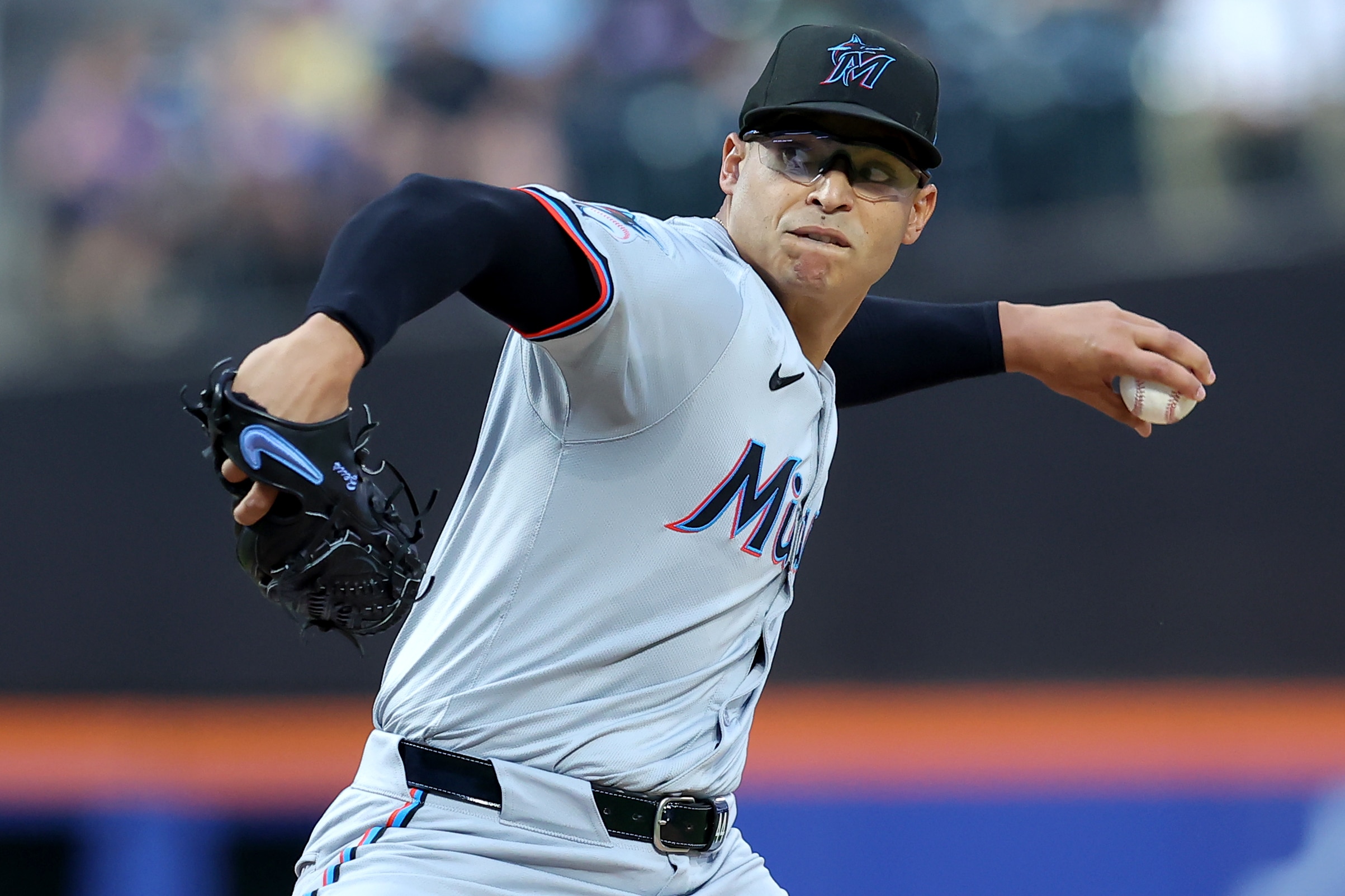 Jun 11, 2024; New York City, New York, USA; Miami Marlins starting pitcher Jesus Luzardo (44) pitches against the New York Mets during the first inning at Citi Field.